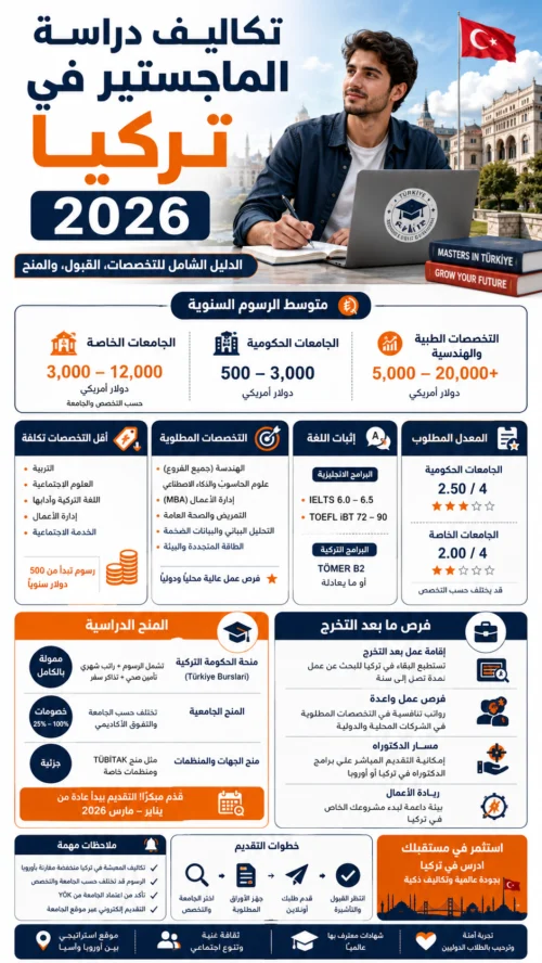 تكاليف دراسة الماجستير في تركيا 2026: الدليل الشامل للتخصصات، القبول، والمنح