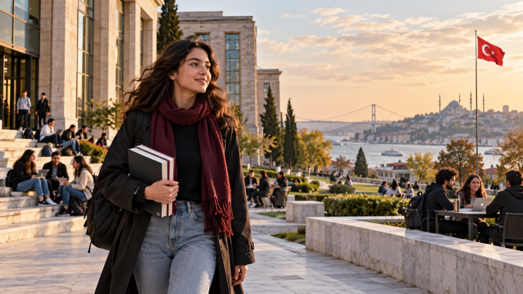 طالبة تحمل كتباً في حرم جامعي بإسطنبول، صورة توضيحية للدراسات العليا في تركيا.