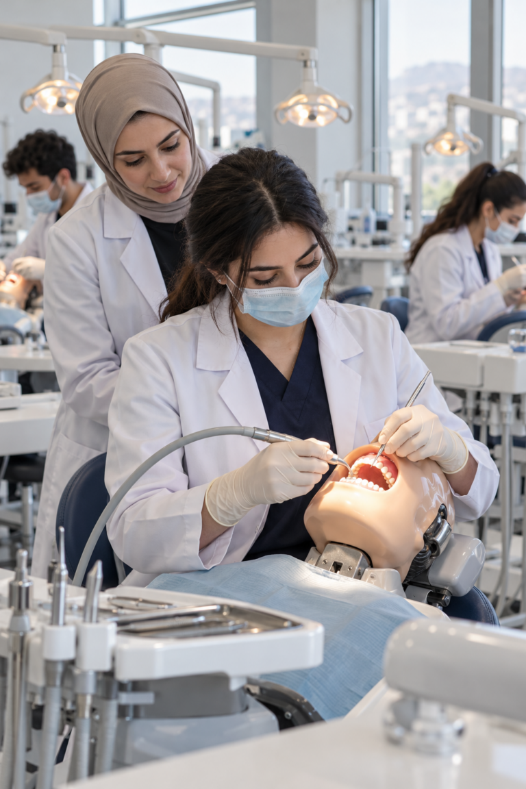 طالبة طب أسنان تتدرب على نموذج محاكاة ضمن دراسة طب الأسنان في تركيا